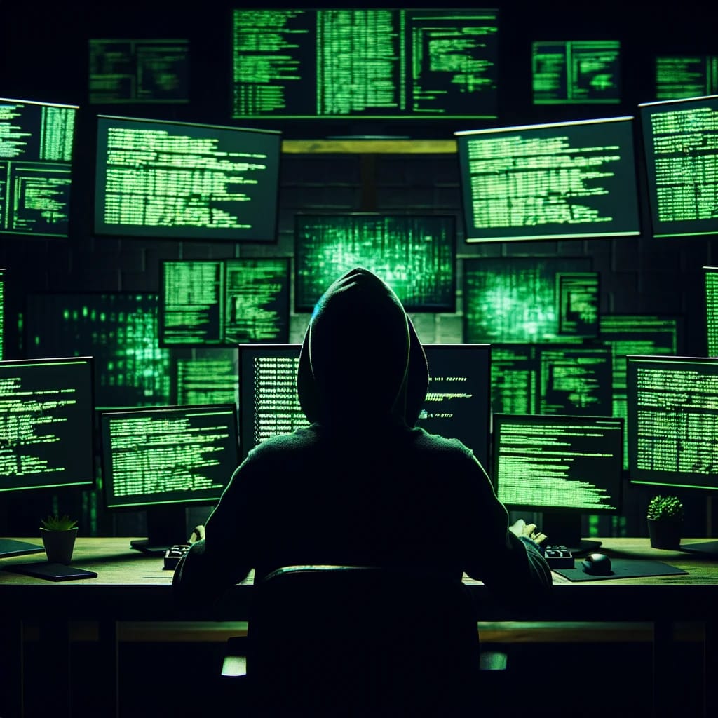 a person in a hoodie sitting in front of multiple monitors with green text over black screen