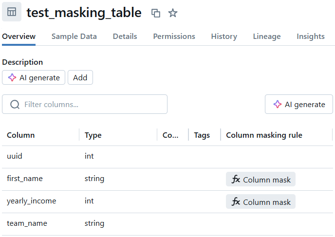 view of a databricks table with applied masking