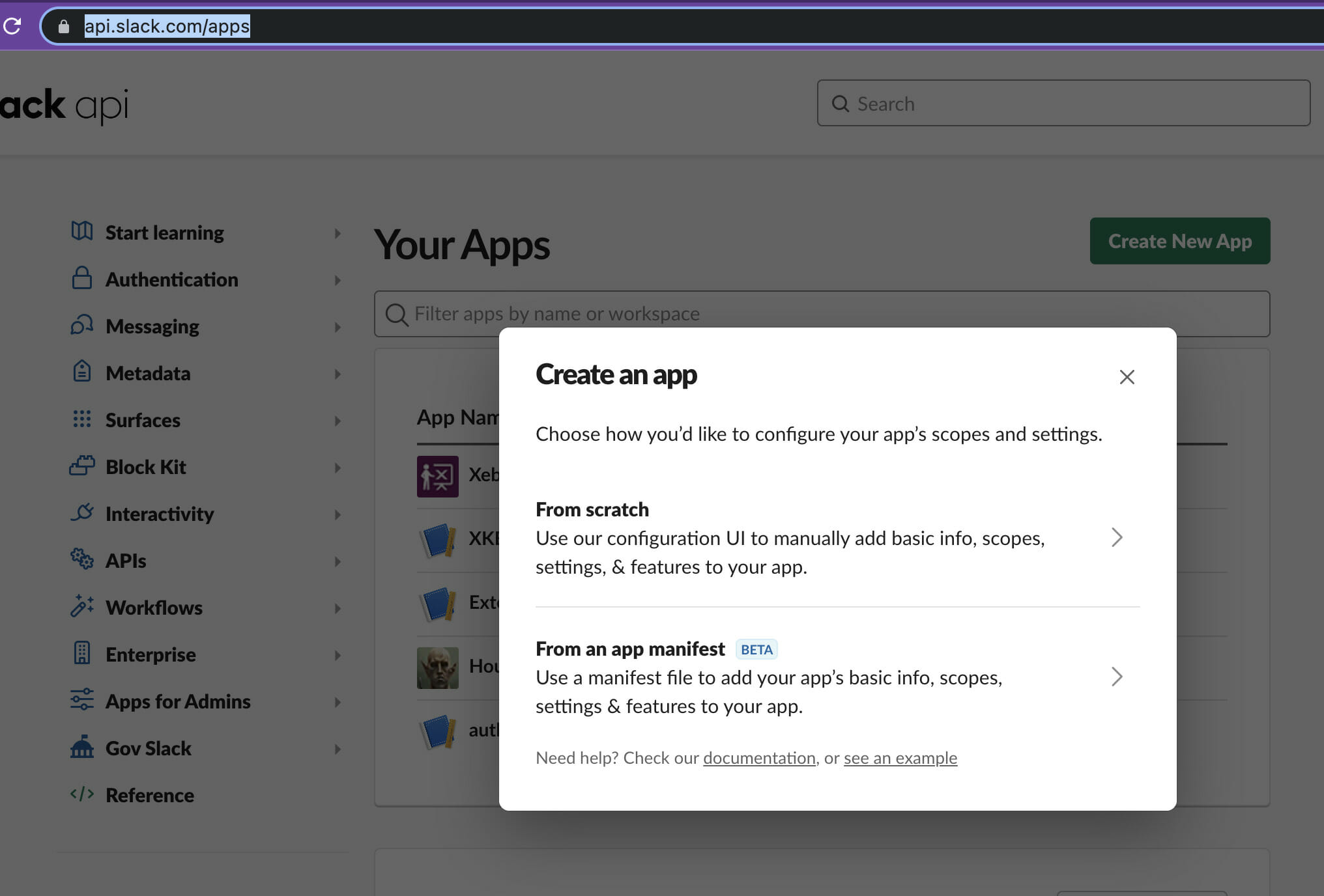 slack create new app from manifest