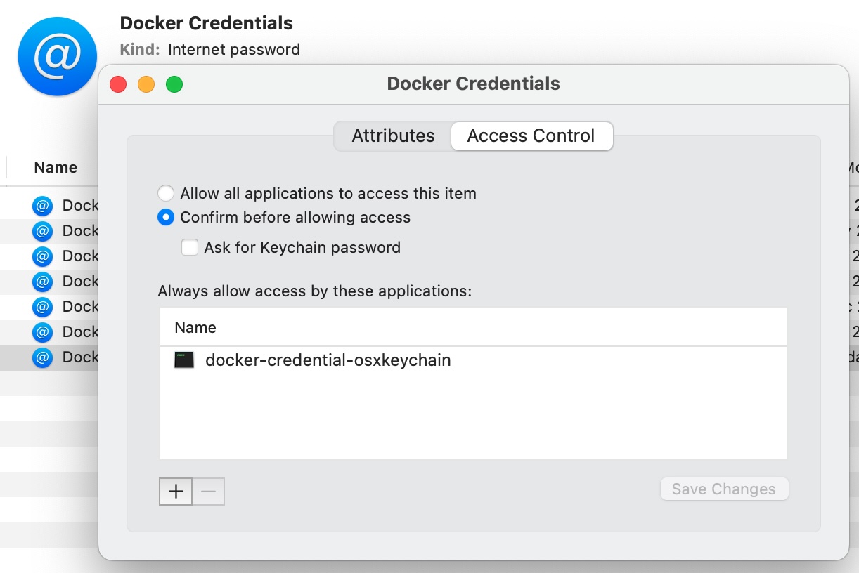 osx keychain access control setting to docker credential helper