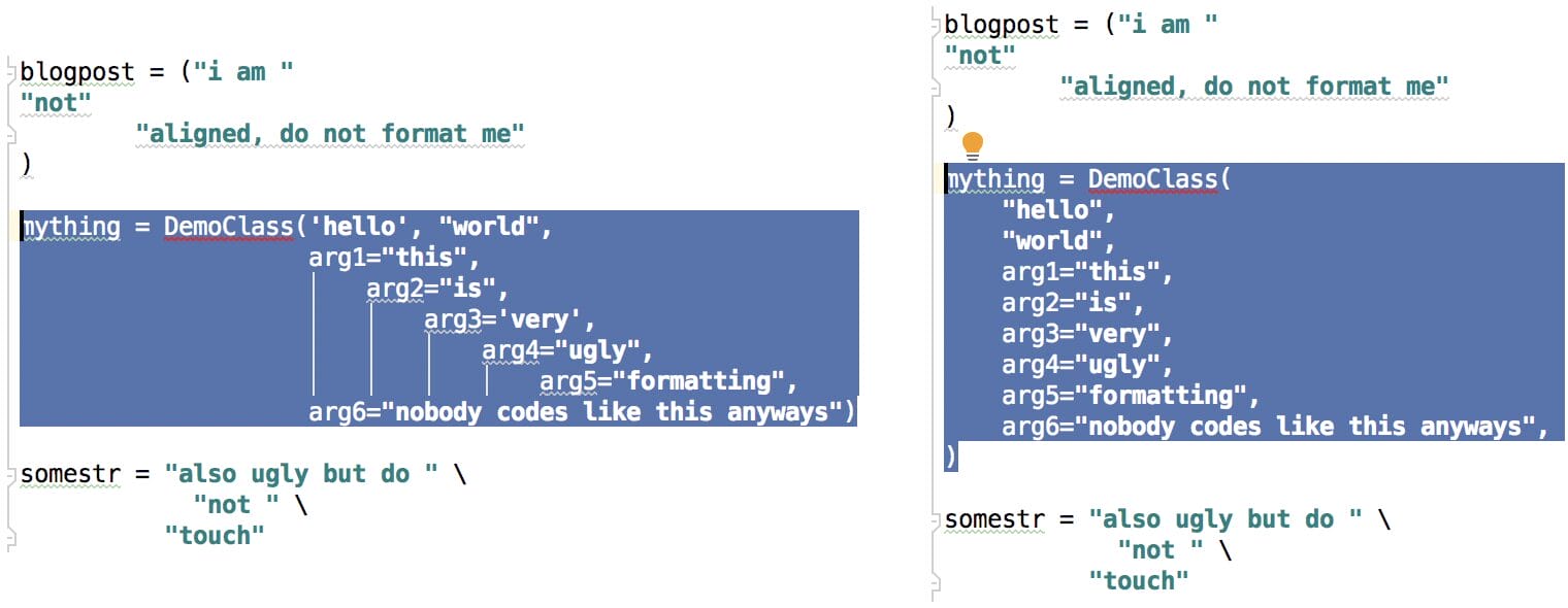 PyCharm code selection formatted