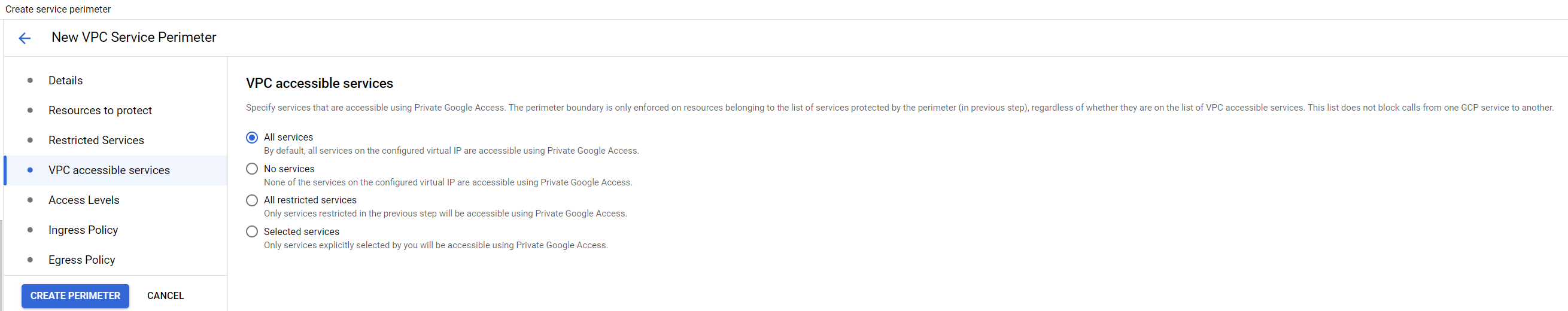 VPC Service Controls accessible services